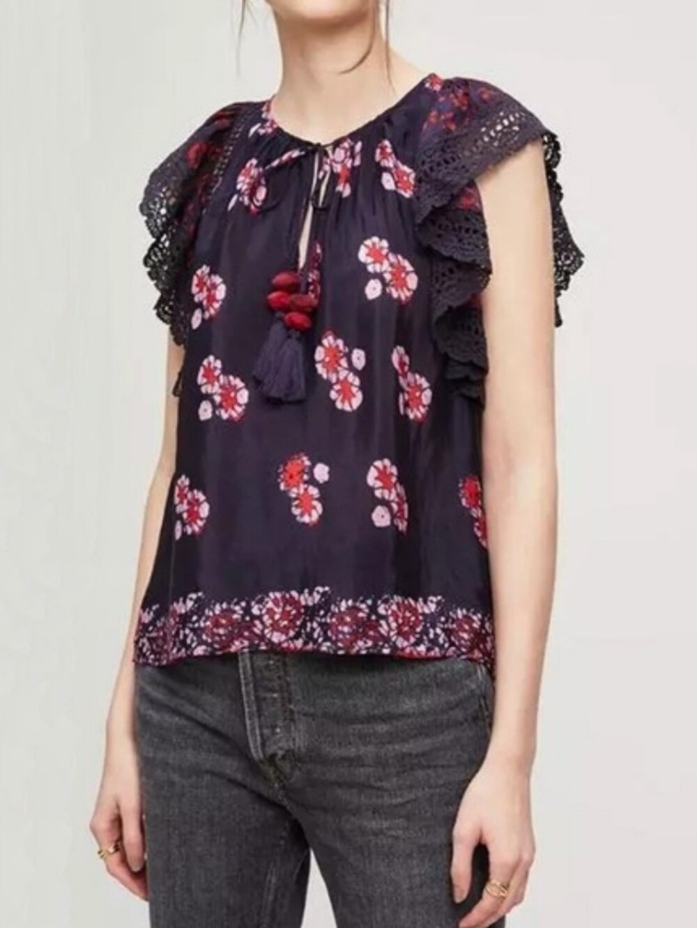 Sea New York Navy Floral Tassel Ruffle Sleeve Blouse